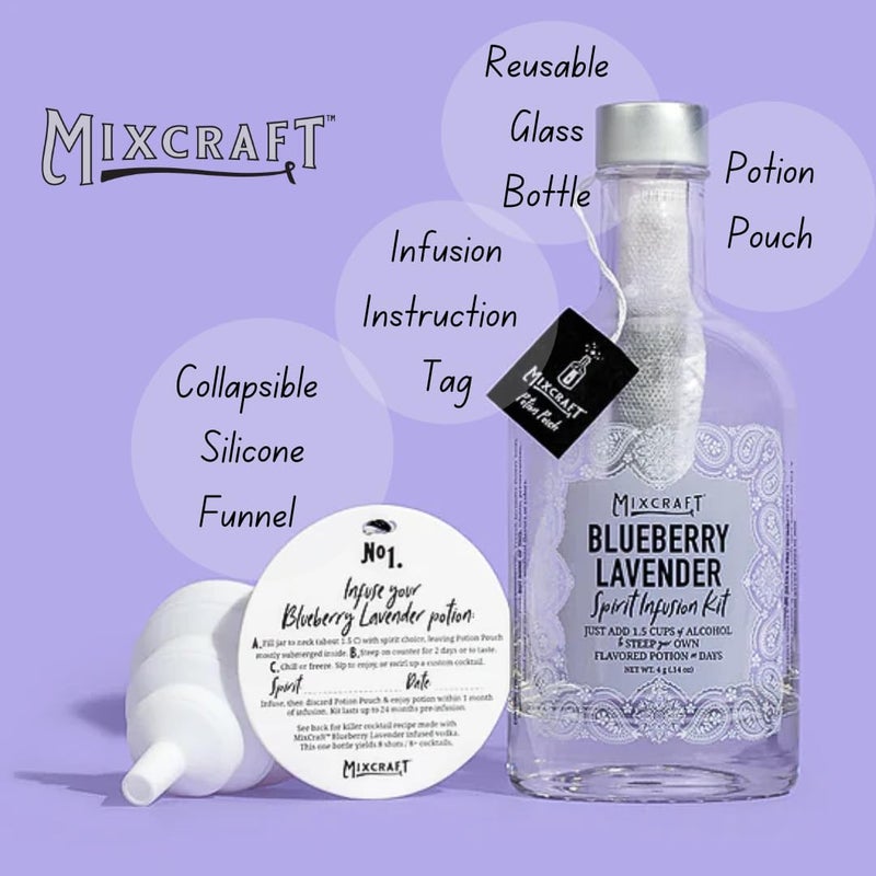 MixCraft Spirit Infusion Kit - Premium Craft Cocktail & Mocktail Mixer, Glass Bottle, Collapsible Funnel, Flavor Pouch & Recipe, Blueberry Lavender - Image 2